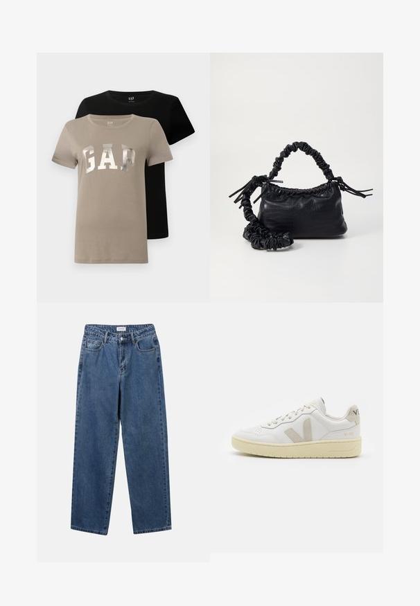 Due T-shirt a maniche corte con collo a giro, uno beige con "GAP" in grandi lettere argentate e uno nero formato solido, esposti sovrapposti.; Jeans in denim blu classico con design a gamba dritta, cinque tasche e chiusura con bottone. Presentano un lavaggio medio e una trama robusta.; Sneaker in pelle bianca con dettagli in suede beige, punta perforata, lacci piatti e suola testurizzata color crema. Presenta un logo discreto sul tallone.; Borsa a tracolla in ecopelle nera con texture a coccodrillo, apertura cinchata e tracolla arricciata. Si presenta con un design morbido e compatto.