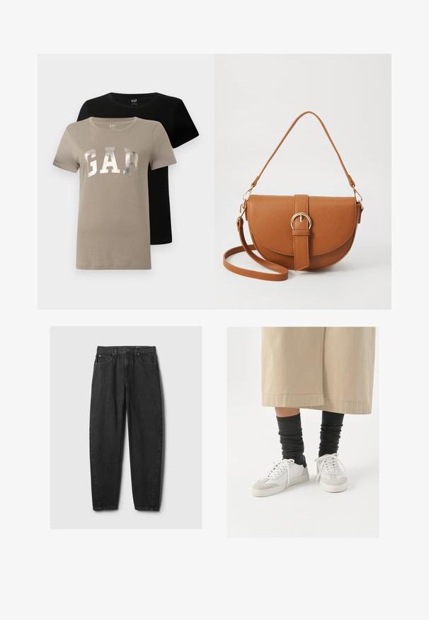 Two short-sleeve crew neck T-shirts, one beige with "GAP" in large silver letters and one solid black, displayed overlapping.; Black denim jeans with a straight fit, five-pocket design, belt loops, and a button closure. The fabric has a smooth texture with subtle fading.; White and gray sneakers with a black heel accent, featuring a smooth leather upper and textured suede toe. Worn with dark gray slouchy socks.; Brown leather crossbody bag with a curved shape, gold hardware, and a buckle accent. Features a detachable shoulder strap.