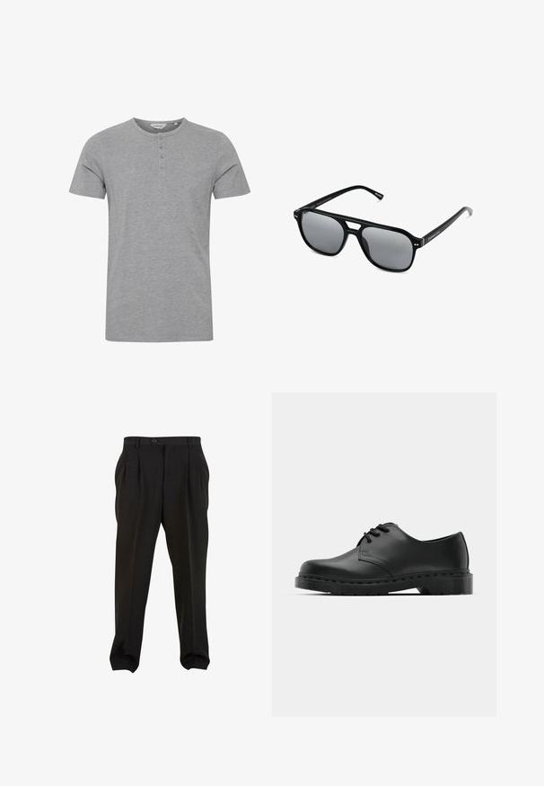 Camiseta gris de manga corta hecha de tejido suave, con un cuello redondo y un detalle de cuatro botones en la parte delantera.; Pantalones negros de tejido suave, con pliegues frontales, cinturilla con botón y puños en los tobillos ajustados. Silueta clásica y ajustada.; Zapato oxford de cuero negro con diseño de cordones, punta redonda, suela de goma plana y un sutil detalle de costura en la parte superior.; Gafas de sol negras con montura rectangular, lentes ahumados grises y diseño con corte en el puente. Material plástico brillante y elegante, con varillas estrechas.