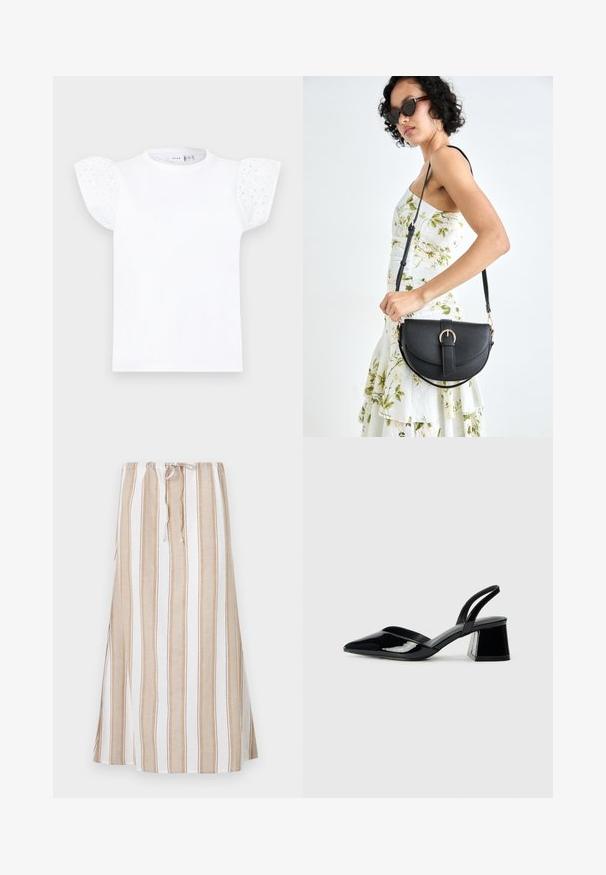 Bílá tričko s krátkými vyp puffed rukávy vyrobené z vyšívané bavlny, s kulatými výřezy a kulatým výstřihem.; Pruhovaná sukně v bílé a světle hnědé barvě, s tkaničkovým pasem a dlouhým, splývavým střihem. Vyrobena z lehkého materiálu s volným střihem.; Černé lakované kožené lodičky na pásku s špičatou špičkou a geometrickým blokovým podpatkem. Vyznačují se elegantním, minimalistickým designem a hladkým povrchem.; Černá kožená kabelka s křivkovým tvarem, odnímatelným popruhem a zlatými detaily. Kabelka má klopu s přezkou.