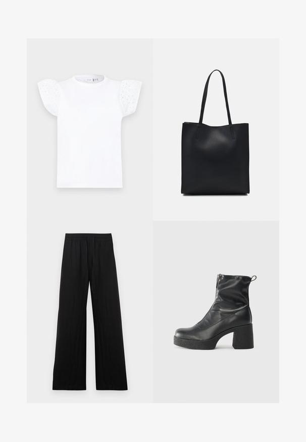 Fehér, rövid puffos ujjal készült póló, hímzett pamutból, kör alakú kivágásokkal és kerek nyakkivágással.; Fekete, széles szárú nadrág pamutszövetből. Rugalmas derékrésszel és sima, texturált felülettel rendelkezik. Nincsenek látható minták vagy díszítések.; Fekete bokacsizmák sima bőrből, oldalsó cipzárral, vastag, texturált sarkú és lekerekített orrú dizájnnal.; Fekete bőrtáska sima felszínnel, téglalap alakú, két hosszú füllel. Nincs látható fémkiegészítő vagy díszítés.
