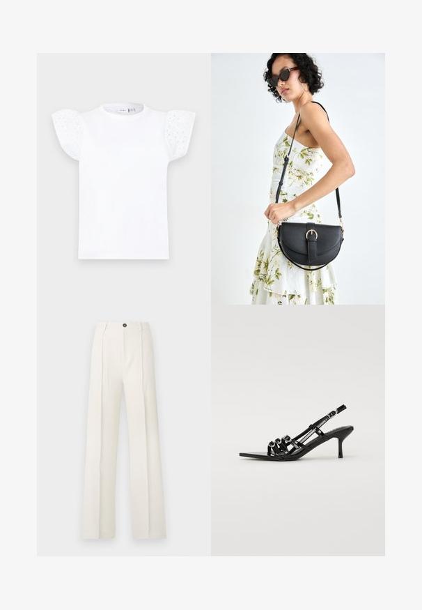 Fehér, rövid puffos ujjal készült póló, hímzett pamutból, kör alakú kivágásokkal és kerek nyakkivágással.; Fehér, széles szárú nadrág magas derékkal, két elülső redővel, egy gombos záródással és zsebekkel. Simaságával kiemelkedő szövet.; Fekete, pántos, magas sarkú cipő, hegyes orral, amelyen több keskeny pánt és kör alakú díszítések találhatók az elején.; Fekete bőrtáska ívelt formával, levehető pánttal és arany színű fémrészekkel. A táskán egy csattal díszített fedél található.