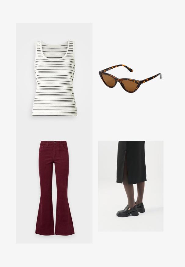 Striped tank top in off-white with thin black horizontal stripes. Features a round neckline and ribbed texture. Classic sleeveless design.; Burgundy corduroy flared jeans with five pockets, a front button closure, and textured fabric. Flares extend from knee to hem.; Black leather shoes with a rounded toe, thick block heel, and elastic side accents, paired with dark tights and a black skirt with a slit.; Cat-eye sunglasses with a black and orange tortoiseshell frame, brown lenses, and sleek, pointed tips. Features a minimal logo on the temple.
