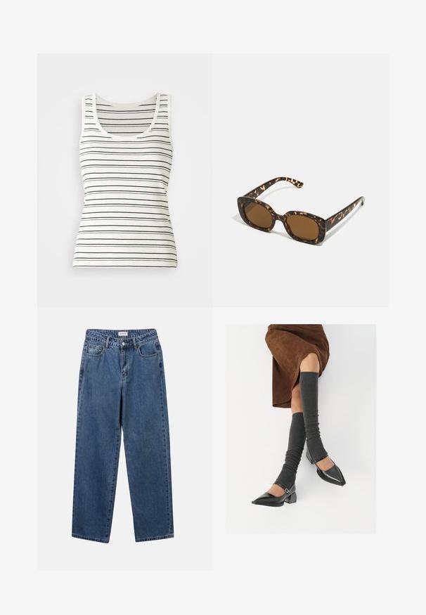 Stribet tanktop i off-white med fine sorte vandrette striber. Har en rund halsudskæring og ribbet tekstur. Klassisk ærmeløs design.; Klassiske blå denimbukser med lige ben, fem lommer og knaplukning. Har en medium vask og en robust tekstur.; Sorte patenterede lædersko med spids tå, blokhæl og ankelrem, kombineret med grå ribbede benvarmere og en brun ruskinds nederdel.; Skildpadde-solbriller med en rund, kraftig ramme og brune linser. Har subtile mønstre og lige, afsmalnende stænger.; Brun lædertaske med to robuste håndtag, rektangulær form, glat tekstur og lynlås lukning. Minimalistisk design uden synlige mønstre.