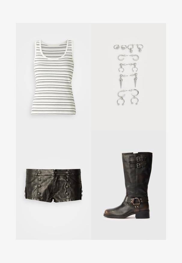 Débardeur rayé en blanc cassé avec de fines rayures horizontales noires. Présente un décolleté rond et une texture côtelée. Design sans manches classique.; Shorts en cuir noir taille basse avec boutons métalliques décoratifs sur le devant et les côtés, dotés de poches avant et de détails de couture.; Botte en cuir noir midi avec deux boucles près du haut et une sangle avec détail en anneau en métal autour de la cheville sur fond blanc.; Ensemble de boucles d'oreilles en argent présentant divers designs : créoles, puces et styles pendants, avec des accents de billes et des éléments pointus.