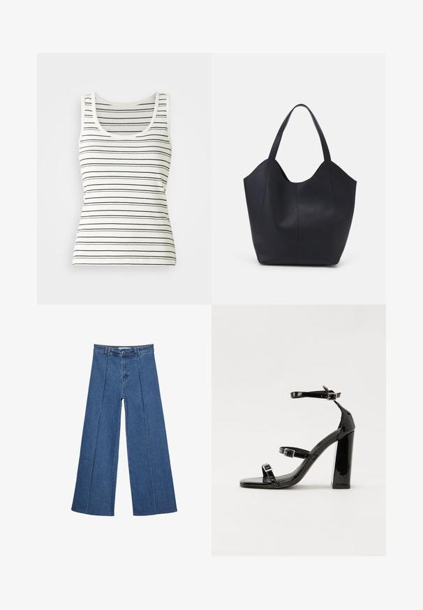 Pruhovaný top bez rukávov v off-white farbe s tenkými čiernymi horizontálnymi pruhmi. Má okrúhly výstrih a rebrovanú textúru. Klasický dizajn bez rukávov.; Rovné džínsy s širokými nohavicami v strednom modrom odtieni, so zvýšeným pásom, zapínaním na gombík a kontrastnými vertikálnymi švami pozdĺž prednej strany.; Čierne lakované sandále na podpätku so štvorcovou špičkou, navlečenými remienkami okolo členku a striebornými prackami. Disponujú masívnym blokovým podpätkom pre stabilitu.; Čierna taška s dlhým uchom vyrobená z hladkej kože, s oblým otvoreným vrchom a dvoma ramennými popruhmi, minimalistického dizajnu.