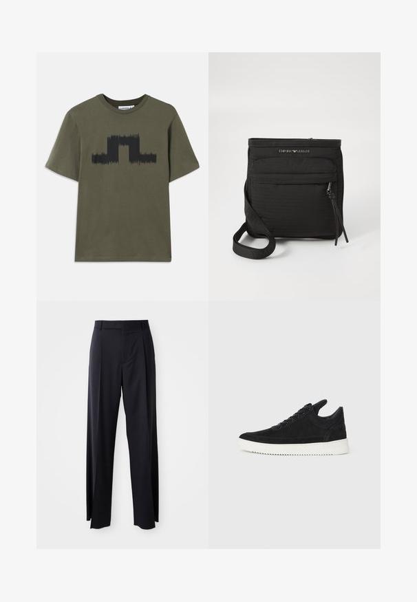 Tmavě olivově zelené bavlněné tričko s krátkými rukávy, s černým grafickým vzorem vln na přední části. Klasický design s kulatým výstřihem.; Černé kalhoty s vysokým pasem a širokým střihem, vyrobené z hladké látky. Mají přední sklady a poutka na opasek. Minimalistický design, bez viditelného kovového hardwaru.; Černé semišové tenisky s bílou gumovou podrážkou, s tónovým prošitím a šněrováním. Hladký povrch s moderním, aerodynamickým tvarem.; Černá crossbody taška Emporio Armani s přední zipovou kapsou, nastavitelným popruhem a logem na texturované tkanině.