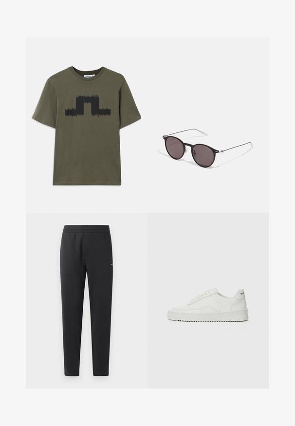Tmavě olivově zelené bavlněné tričko s krátkými rukávy, s černým grafickým vzorem vln na přední části. Klasický design s kulatým výstřihem.; Černé joggingové kalhoty vyrobené z měkké tkaniny, s elastickým pasem, rovnými nohavicemi a malým logem na boku.; Bílé kožené tenisky s hladkým povrchem, kulatou špičkou, plochými tkaničkami a texturovanou podrážkou. Na patě se nachází nenápadné logo.; Černé kulaté sluneční brýle s tmavými skly a tenkými kovovými nohami. Obsahují průhledné koncovky nožiček a stříbrné akcenty na pantu. Minimalistický design.