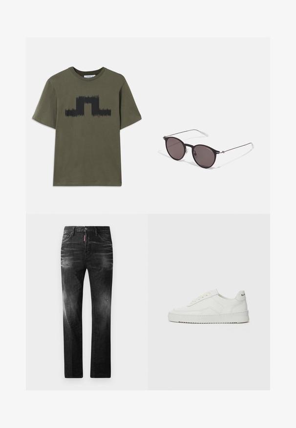 Tamsiai alyvuogių spalvos medvilninė marškinėlė su trumpomis rankovėmis, turinti juodą grafišką bangų raštą per krūtinę. Klasikinio apvalaus kaklo dizainas.; Juodi džinsai su tiesiu kirpimu. Spalvoti svyrantys plotai, šiek tiek sugadinti, klasikinis penkių kišenių dizainas ir mygtuko uždarymas.; Balti odiniai sportiniai bateliai su lygia apdaila, apvaliu pirštu, plokščiais raišteliais ir tekstūruotu padu. Pasižymi subtiliu logotipu ant kulno.; Juodos apvalios saulės akinių su tamsiais lęšiais ir plonomis metalinėmis šakomis. Įtraukti skaidrūs šventyklų galai ir sidabriniai akcentai vyrio srityje. Minimalistinis dizainas.