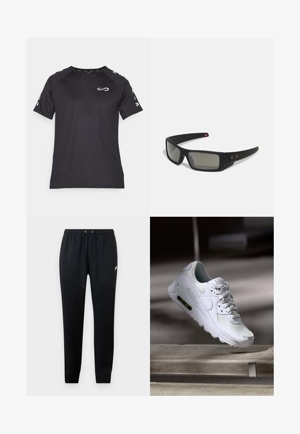 Endless CAMISETA FEISTY ICONIC - Spordi T-särk - black; Musthave mustad, mis on valmistatud pehmest kangast, elastse vöökoha ja nööpidega, mansettidega pahkluudega ning väikese logo detailiga külgedel.; Valged Nike Air Max 90 sneakers, millel on võrkkangast ja nahast ülemine osa, aukudega varbadosa ning nähtav õhuüksus kandades.; Mustad mustaga viimistlusega prillid, ristkülikukujulised läätsed, templite kerge kõverus, diskreetne logo detail ja suitsutatud läätsed.