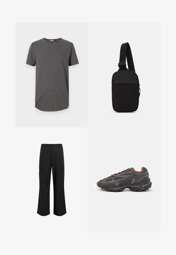 Black and white striped t-shirt with short sleeves, round neckline, and a rounded hem. Soft fabric with a casual fit. Tag visible inside.; Black cargo pants made of lightweight fabric, featuring a relaxed fit, two large side pockets, and a button closure.; Lacoste sneakers in dark gray with mesh and synthetic material, featuring a textured sole and brown accents on the collar and branding.; Black crossbody bag made of durable fabric, featuring a single adjustable strap, a zippered main compartment, and a front pocket.