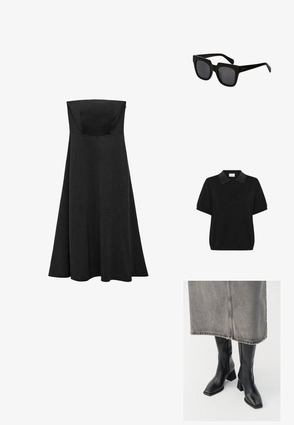 Kaffe Polo majica - black deep; Črna brezramna obleka s prilegajočim korzetom in širšim, dolgem krilom, ki sega do tal. Narejena iz gladkega materiala brez vidnih vzorcev ali dodatkov.; Črne škornje do kolen iz gladkega usnja s kvadratnim nosom in blok peto. Uporabljene s sivo denim krilom z raztrgano obrobo.; Črne pravokotne sončna očala z debelimi plastičnimi okvirji in temnimi lečami. Ročaji so elegantni s sijočo površino in minimalnim blagovnim znakom.; Črna usnjena torba s ukrivljeno zasnovo, z zlatimi dodatki in zgornjim ročajem. Ima eleganten zapirni mehanizem in gladko teksturo.