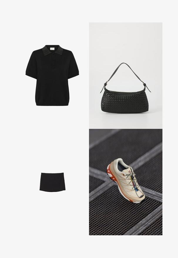 Kaffe Poloshirts - black deep; Sort langærmet top med et tekstureret, åbent strikket design, der har en bred scoop-udskæring og en snorelukning bagpå.; Sort miniskørt lavet af glat, strækbart stof; har et lige snit med en subtil kant og ingen synlige lukkemekanismer eller mønstre.; Beige løbesko med orange accenter, designet med en tekstureret overdel, sort ydersål og integrerede snørebånd. Har GORE-TEX branding.; Sort vævet skuldertaske med en glat læderrem og lynlåslukning. Har en tekstureret overflade og en buet form.