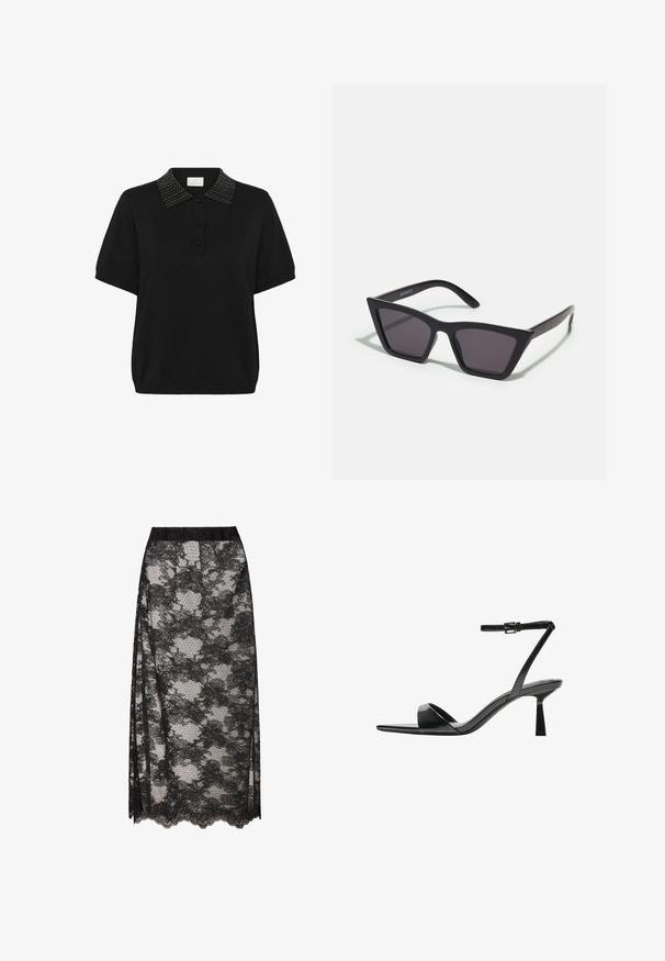 Kaffe Polo - black deep; Gonna nera in pizzo con orlo scallop, caratterizzata da un motivo floreale e una trama trasparente. Vita elastica per un comfort ottimale.; Bershka Sandali con tacco - black; Occhiali da sole neri e angolari con lenti grigie; realizzati in plastica, con aste spesse dalla superficie liscia e senza hardware visibile.; Borsa a tracolla in pelle nera con una forma arrotondata e sagomata, caratterizzata da una chiusura con lucchetto dorato e una singola tracolla regolabile. Texture liscia.