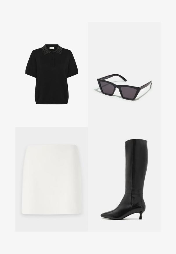 Kaffe Bluză polo - black deep; Fustă mini albă, mulată, cu o textură netedă și linii clare. Fără modele sau accesorii vizibile. Bază dreaptă.; Zign Cizme - black; Ochelari de soare negri, unghiulari, cu lentile gri; fabricați din plastic, având brațe groase cu o suprafață netedă și fără hardware vizibil.; Geantă de mână din suede negru, cu închidere cu fermoar și bretea detașabilă pentru încheietura mâinii. Dispune de accesorii din metal aurit și o textură netedă, mată.