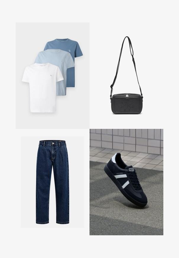 Trijų medvilninių marškinėlių: vienas baltas, vienas šviesiai mėlynas, vienas tamsiai mėlynas, kiekvienas su apvalia iškirpte ir mažuoju siuvinėjimu krūtinėje.; Tamsiai mėlynos džinsinės kelnės su tiesiu sijonu. Savybė - matoma siūlė, mygtuko uždarymas ir priekinei daliai raukiniai, suteikiantys papildomą detales.; Juodas odinis sportinis batelis su baltais dryžiais, tekstūruota gumine padais ir raišteliais priekyje. Yra prekės ženklą žymintis etiketė ant liežuvio.; Juodas odinis per petį nešiojamas krepšys su užtrauktuku, iškilniu logotipu priekyje ir reguliuojama dirželiu. Lygus paviršius, stačiakampio formos.