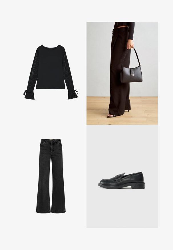 Crna majica s čvrstim tijelom i prozirnim, širijim rukavima. Ima vezanje na manžetama. Izrađena je od glatkog materijala s krojem koji naglašava tijelo.; Crne traperice širokih nogavica s visokim strukom, klasičnim dizajnom s pet džepova i toniranim šavovima za ujednačen izgled.; Crne kožne loaferice s zaobljenim vrhom, šivanim detaljima i malim potplatom. Glatka tekstura i fleksibilna gumena potpora.; Crna torba s oblikom koji sadrži strukturu, glađu teksturu i metalnu kopču. Uparena s širokim crnim hlačama i sandalama na otvorenom s drvenog poda.