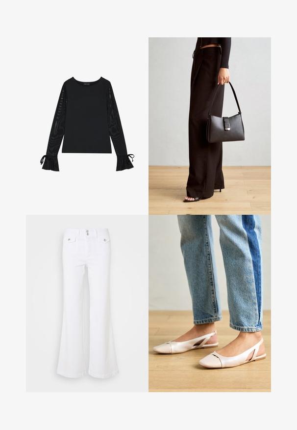 Black top with solid body and sheer, flared sleeves. Features tie accents at the cuffs. Made from smooth fabric with a fitted design.; White flared jeans made from denim, featuring a high waist, two front pockets, and silver button accents on a plain background.; Pale pink slingback flats with a pointed toe, made from a smooth leather-like material. Features cut-out details at the sides and a flat heel.; Black handbag with structured shape, smooth texture, and a metallic clasp. Paired with wide black pants and open-toe sandals on wooden floor.