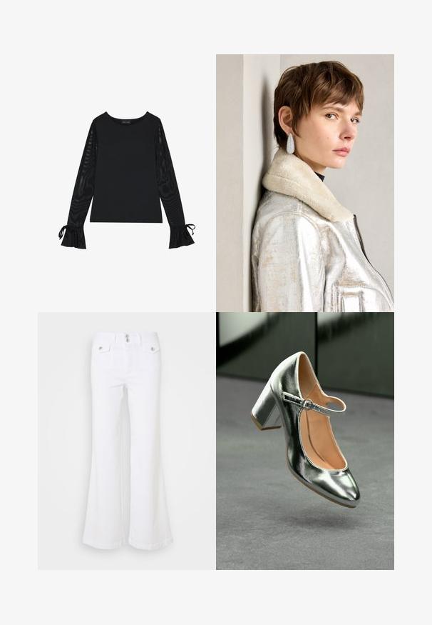 Svart topp med solid kropp og gjennomsiktige, flarede ermer. Har knyteakenter ved mansjettene. Laget av glatt stoff med en tettsittende design.; Hvite vide jeans laget av denim, med høy midje, to frontlommer og sølvfarge detaljer på en enkel bakgrunn.; Metallisk sølv Mary Jane hæl med rund tå, ankelrem og blokhæl, der har en glat overflade og en lys tan inderside.; Sølvmetallisk lærjakke med lammeskinnskrage, med glidelås og strukturert overflate. Store dråpeformede øredobber med klare edelstener.