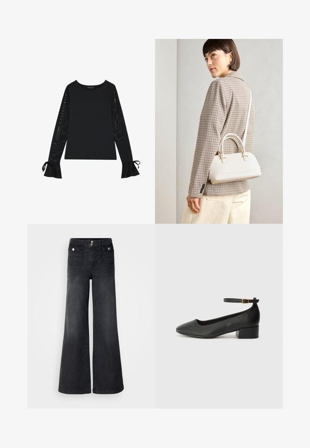 Top negru cu un corp solid și mâneci evazate, din material transparent. Prezintă accente cu șiret la manșete. Fabricat dintr-un material neted cu un design ajustat.; Jeanși largi din denim negru cu talie înaltă, nasturi în față și două buzunare frontale; textură netedă cu o ușoară finisare de decolorare.; Pantof cu toc negru din piele, cu vârf ascuțit și toc mic pătrat. Dispune de o curea la gleznă cu o cataramă în tonuri de aur. Textură netedă.; Geantă structurată albă, cu mânere scurte și curea de umăr, având accente din metal aurit și material texturat, expusă pe un fundal gri.