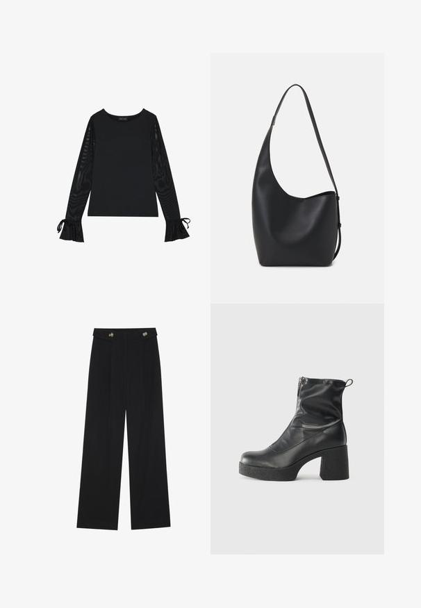 Top negru cu un corp solid și mâneci evazate, din material transparent. Prezintă accente cu șiret la manșete. Fabricat dintr-un material neted cu un design ajustat.; Pantaloni negri cu picioare largi, talie înaltă, detalii cu butoane pe talie și pliseuri în față.; Bocanci negri de glezna din piele netedă, cu fermoar lateral, toc texturat și masiv, și design cu vârf rotund.; Geantă hobo din piele neagră, cu o textură netedă, formă curbată și un singur bretele ajustabil; are o deschidere largă în partea de sus.
