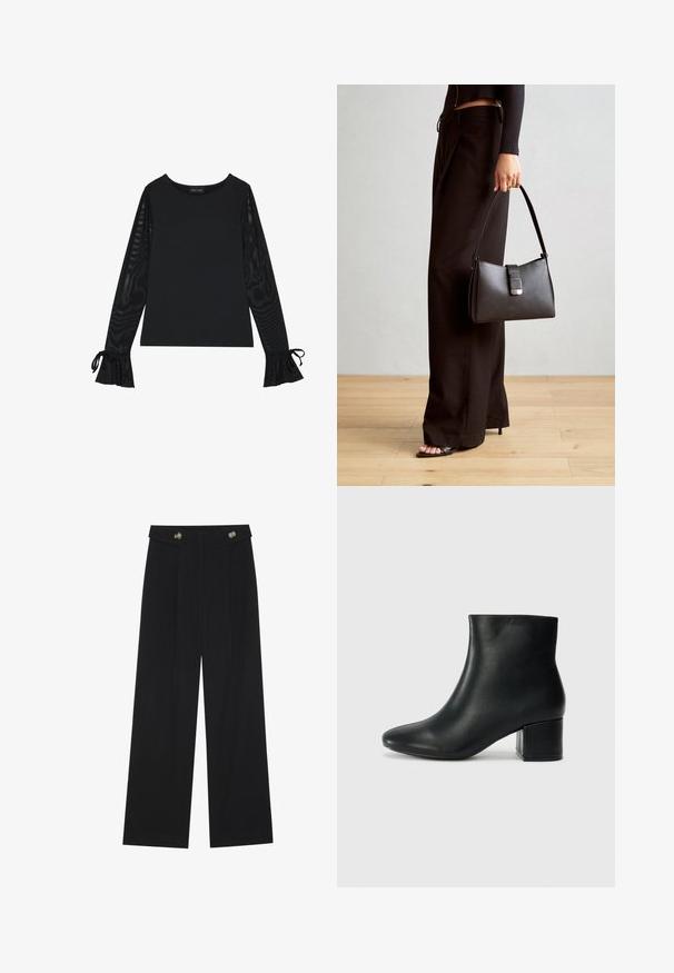 Mustapaita, jossa on kiinteä vartalo ja läpinäkyvät, leveät hihat. Täydentää nauhakoristeet hihojen suissa. Valmistettu sileästä kankaasta ja muotoonommellusta designista.; Mustat leveälahkeiset housut, joissa on korkea vyötärö, napit vyötärönauhassa ja etupuolella laskokset.; Musta nahkasaappaat nilkkapituudella, jossa on terävä kärki ja paksu korko. Silkkinen pinta, jossa on minimaaliset yksityiskohdat ja tyylikäs, istuva muotoilu.; Musta käsilaukku, jossa on rakenteellinen muoto, sileä pinta ja metallinen solki. Yhdistetty leveisiin mustiin housuihin ja avonaiheisiin sandaaleihin puulattialla.