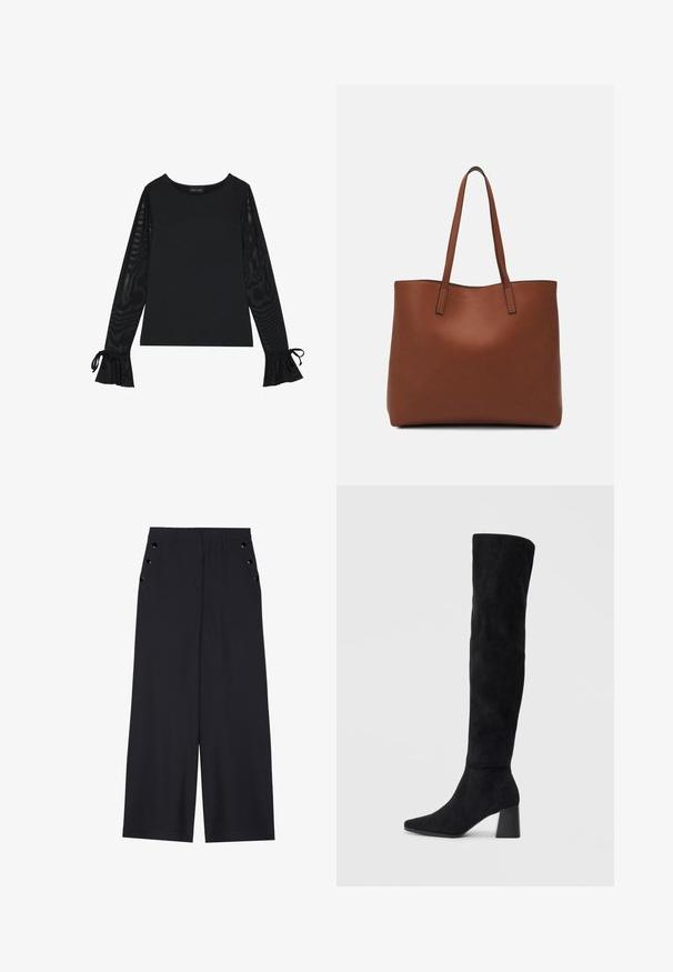 Must mustriga kinnise kehaga ja läbipaistvate, laia varrukatega. Omab nööride aktsente varrukate otsas. Valmistatud siledast kangast, millel on kinnine lõige.; Laiad püksid tumesinises kangas, millel on sile tekstuur, ees pleedid ja dekoratiivsed kuldset värvi järgipuuaugud küljetaskutel.; Must must ümberpööratud musta nahast põlve kõrgune saapad blokknõelaga, terava varbaga ja sujuva, õmblusteta disainiga, asetatud heledale taustale.; Pruun nahast tote-kott, millel on sile tekstuur, avatud ülaosa disain ja kaks õlarihma. Omab minimaalset õmblust ja nähtavat riistvara ei ole.