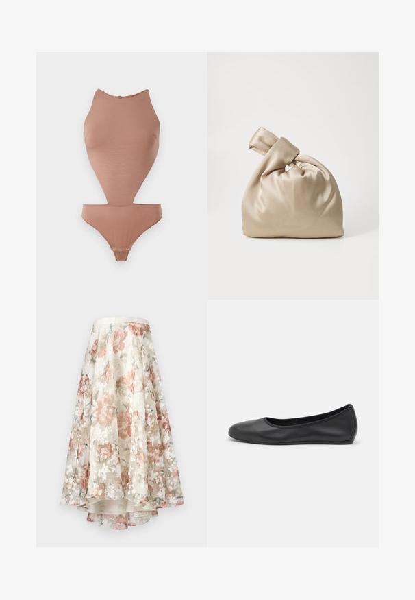Nude bodysuit made of smooth, stretchy fabric. Features a high neckline, sleeveless design, and mid-thigh cut with snap closures.; Floral midi skirt in sheer fabric, featuring a high-low hem, with pastel-tone flowers in pink, white, and green on a cream background.; Black leather ballet flat with a rounded toe, smooth texture, minimal stitching detail, and a flexible sole design.; Beige satin bag with knotted top, featuring a soft, smooth texture and a rounded shape, designed to be simple and elegant.
