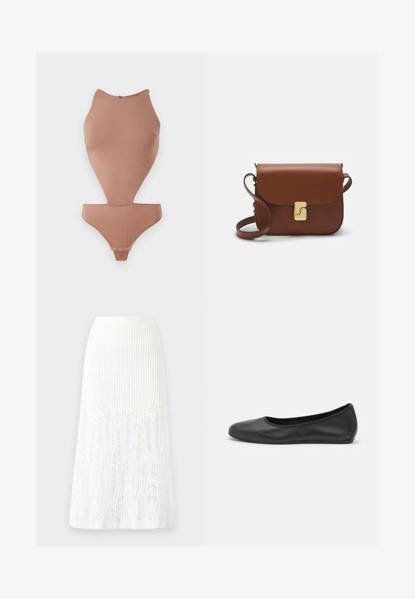 Nude bodysuit made of smooth, stretchy fabric. Features a high neckline, sleeveless design, and mid-thigh cut with snap closures.; Knit white midi skirt featuring a textured pattern with vertical lines and cut-out details near the hem. Elastic waistband. Soft material.; Black leather ballet flat with a rounded toe, smooth texture, minimal stitching detail, and a flexible sole design.; Brown leather handbag with a flap closure, gold-tone hardware, a shoulder strap, and a smooth texture. Compact rectangular shape.