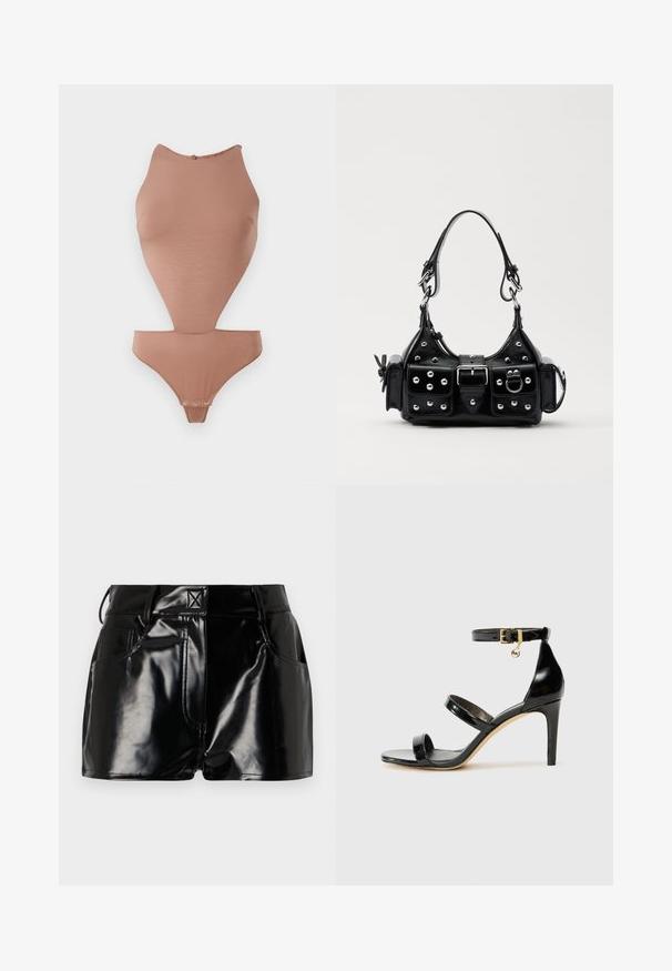 Body nude en tissu lisse et extensible. Caractéristiques : col haut, sans manches et coupe mi-cuisse avec fermetures à pression.; Shorts noirs et brillants en matériau synthétique. Présentent une taille ajustée, des passants de ceinture et des poches avant avec des détails de couture prononcés.; Sandale en cuir verni noir avec trois brides, boucle de cheville et talon aiguille de 10 cm. Présente un détail en métal doré et un charm logo.; Sac à main en cuir noir au design courbé, avec des clous en argent, une boucle et deux poches latérales. Bandoulière réglable pour différentes options de transport.