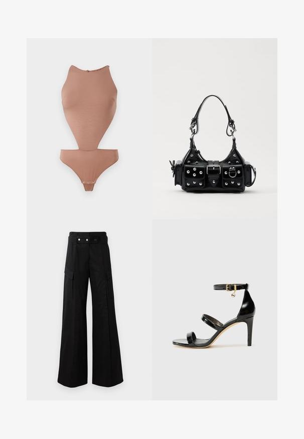 Body nudo realizzato in un tessuto liscio e elasticizzato. Caratterizzato da un collo alto, design senza maniche e taglio a metà coscia con chiusure a pressione.; Pantaloni neri a gamba larga con vita alta, dotati di ampie tasche laterali, due bottoni frontali e un dettaglio a anello. Realizzati in un tessuto resistente.; Sandalo in pelle verniciata nera con tre cinturini, fibbia alla caviglia e tacco a stiletto di 10 cm. Presenta dettagli in hardware dorato e un charm con logo.; Borsa a mano in pelle nera con design curvo, caratterizzata da borchie argentate, una fibbia e due tasche laterali. Tracolla regolabile per diverse opzioni di trasporto.