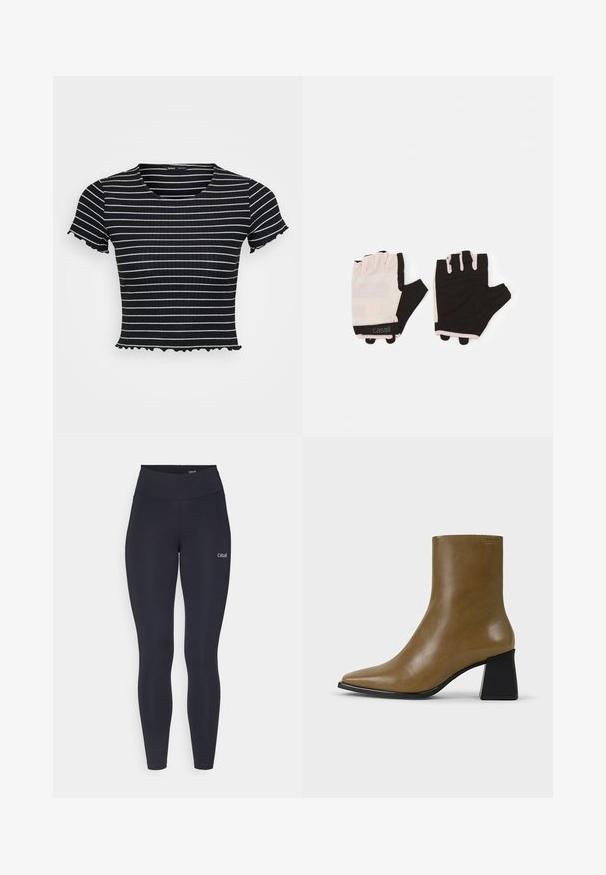 Gestreiftes, schwarz-weißes, kurzärmliges, geripptes Oberteil mit figurbetonter Form und wellenförmigen Akzenten an den Ärmeln und dem Saum.; Schwarze Leggings mit hohem Bund, aus elastischem Stoff gefertigt, mit einem kleinen weißen Logo auf dem Oberschenkel und einer glatten Textur.; Braune Leder-Ankle-Boots mit spitzer Zehe, schlankem Design und strukturierter Oberfläche. Mit einem kontrastierenden schwarzen Blockabsatz.; Fitnesshandschuhe mit einem Design in Hellrosa und Schwarz, aus atmungsaktivem Material, mit einem verstellbaren Handgelenkriemen und strukturierten Griffakzenten.