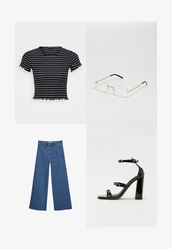 Czarnobiały, w pasiastym wzorze, krótki rękaw, ribbed top o dopasowanym kroju oraz falistych akcentach na rękawach i hemie.; Jeans typu wide-leg w średnim niebieskim kolorze, z wysokim stanem, zapięciem na guziki oraz kontrastowymi szwami pionowymi z przodu.; Czarne lakierowane sandały na obcasie z kwadratowym noskiem, z paskami wokół kostki i srebrnymi klamrami. Posiadają masywny słupek dla stabilności.; Prostokątne okulary z przezroczystymi soczewkami, z cienką srebrną metalową oprawą i czarnymi końcówkami z acetatu. Posiadają minimalną ilość elementów, co zapewnia elegancki wygląd.