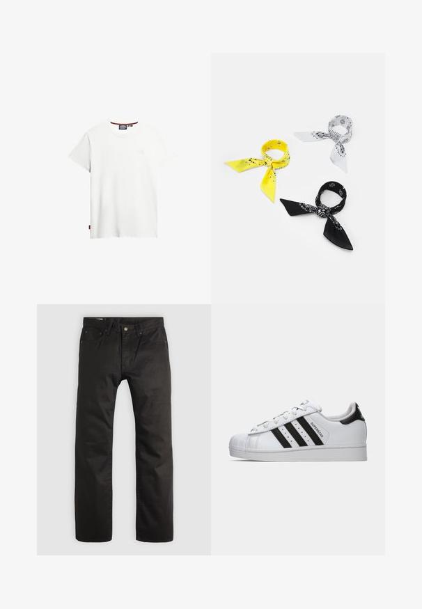 White cotton t-shirt with a crew neck, short sleeves, and a subtle logo detail on the front. Includes a small red tag on the side.; Black straight-leg pants with front button and zipper closure, belt loops, and five-pocket design on a light background.; White Adidas Superstar sneaker with black stripes, shell toe, and "Superstar" text on the side, shown in left profile on white background.; Three bandanas: one yellow with black patterns, one white with black designs, and one black with white graphics. All are square, lightweight fabric.