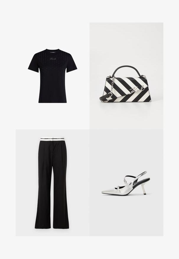 Black cotton T-shirt featuring a crew neck, short sleeves, and scattered rhinestone accents across the front, with a centered logo detail.; Black trousers with a relaxed fit, featuring a white elastic waistband with branding. Made of smooth fabric with a slight sheen.; Silver slingback heels with a pointed toe, featuring a smooth metallic finish, a slender heel, and decorative strap details.; Black and white striped handbag with a structured shape, featuring a top handle, a detachable chain strap, and metallic logo accent.