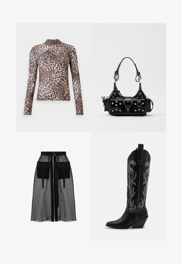 Bluză pentru femei cu mânecă lungă și guler înalt, cu un imprimeu leopard maro și negru și detalii plisate discrete pe piept.; Fustă neagră transparentă cu un talie plisată, având două buzunare mari în față, un cordon pentru talie și un accent metalic circular.; Bocanci de cowboy din piele neagră, cu vârfuri ascuțite, toc wedge și modele florale brodate cu fir argintiu de-a lungul tijei. Cusături în contrast pe întreaga suprafață.; Geantă de piele neagră cu un design curbat, dotată cu studuri argintii, o cataramă și două buzunare laterale. Curea ajustabilă pentru opțiuni de transport.