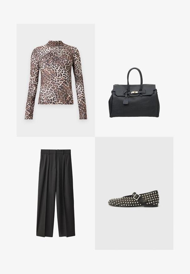 Langärmliges Damenoberteil mit hohem Kragen, braun-schwarzem Leopardenmuster und subtilen Faltendetails über der Brust.; Schwarze, weit geschnittene Hosen aus glattem Stoff. Mit hoher Taille, Gürtelschlaufen und vorderen Falten für zusätzliche Struktur.; Schwarze flache Schuhe aus Leder, mit metallischen Nieten und einem seitlichen Schnallenverschluss. Das Design umfasst eine spitze Zehenform und eine strukturierte Oberfläche.; ESTRO Z WŁOSKIEJ - Handtasche - black