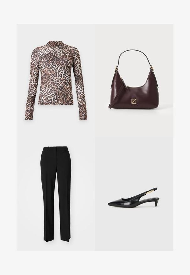 Langärmliges Damenoberteil mit hohem Kragen, braun-schwarzem Leopardenmuster und subtilen Faltendetails über der Brust.; Schwarze, taillierte Hose mit geradem Bein, aus einem glatten Stoff und mit klaren Falten an der Vorderseite. Keine sichtbare Hardware.; Schwarze Leder-Slingback-Pumps mit spitzem Schuhblatt, ausgestattet mit einem schlanken Absatz und einem goldfarbigen Akzent am verstellbaren Riemen. Glatte Textur.; Burgunderfarbene Lederhandtasche mit geschwungener Form, goldenen Akzenten an den Beschlägen und einem Reißverschlussverschluss. Verfügt über einen abnehmbaren Schultergurt.