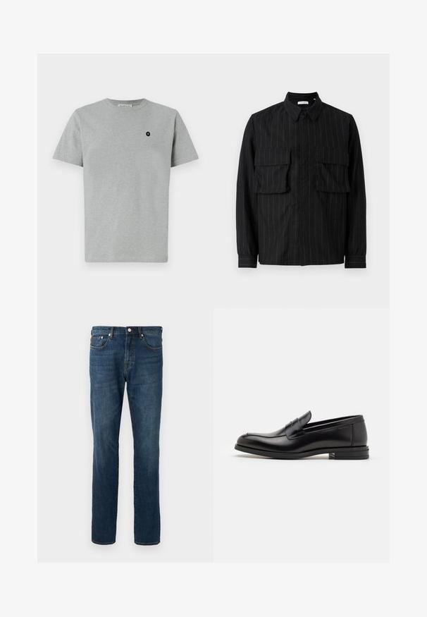 Szary bawełnowy t-shirt z okrągłym dekoltem, krótkimi rękawami oraz czarną naszywką z logo w kształcie znaku plus na lewej stronie klatki piersiowej.; Czarna koszula z długim rękawem, w pionowe prążki, z dwoma kieszeniami na piersi, kołnierzykiem i zapięciem na guziki. Miękka, teksturowana tkanina.; Granatowe dżinsy z prostą nogawką, pięć kieszeni, zapięcie na guziki, z subtelnymi przetarciami i detalami w szwie. Gładka tekstura.; Czarne skórzane mokasyny o gładkiej fakturze, zaokrąglonym nosku i dekoracyjnym pasku na przodzie. Niski, warstwowy obcas, minimalistyczny design.