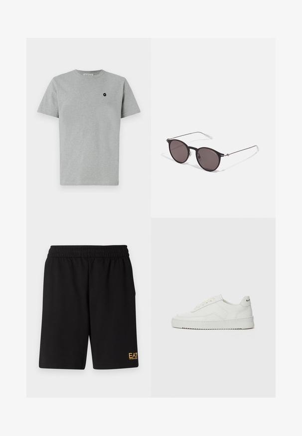 Harmaa puuvillapaita, jossa on pyöreä kaula-aukko, lyhyet hihat ja musta logotarran, jossa on plusmerkki, vasemmassa rinnassa.; Mustat urheilushortsit, jotka on valmistettu pehmeästä kankaasta. Kengissä on joustava vyötärönauha ja pieni keltainen EA7-logo vasemmassa alakulmassa.; Valkoinen nahkakenkä, jossa on sileä pinta, pyöreä kärki, tasaiset nauhat ja teksturoitu pohja. Sisältää huomaamattoman logon kantapäässä.; Musta pyöreä aurinkolasit tummilla linsseillä ja kapeilla metallikehyksillä. Sisältää kirkkaat temppelet ja hopeiset yksityiskohdat saranassa. Minimalistinen muotoilu.