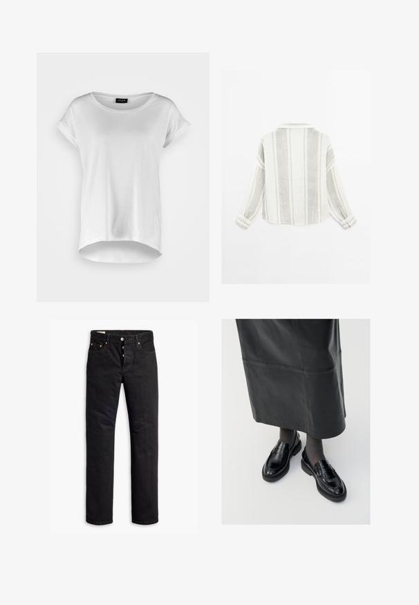 Hvid kortærmet T-shirt med rund halsudskæring, lidt længere bagkant, blødt bomuldsstof og oprullede ærmer. Ingen synlige tryk.; Langærmet skjorte i lysegrå og hvid, med vertikale striber, krave og knapmanchetter. Lavet af et struktureret, letvægtsstof.; Sorte denimjeans med lige pasform, fem lomme-design og knaplukning. Har kobbernitter og syningsdetaljer.; Sorte læder loafers med en glat finish, prydet med en dekorativ rem, rund tå og tekstureret sål. Båret med en lang sort læderskirt.