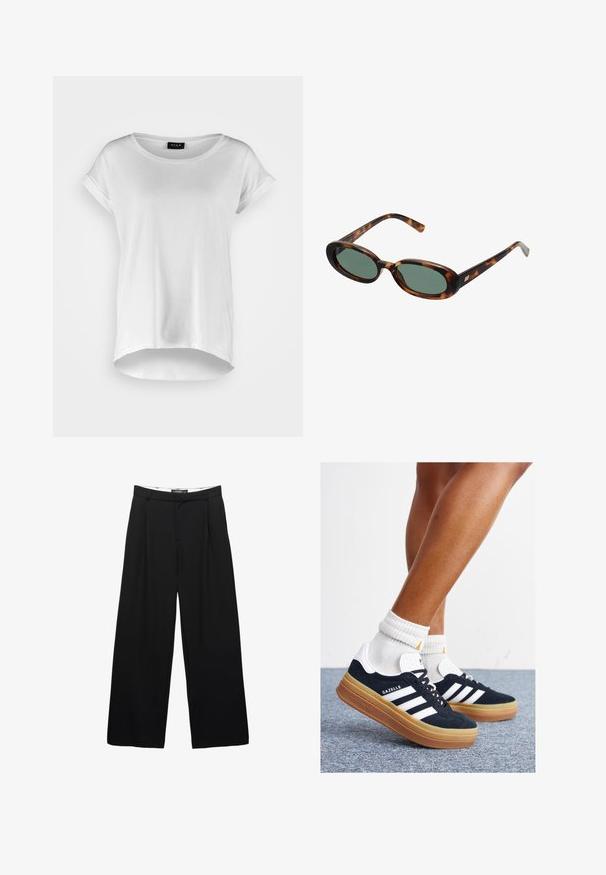 Hvid kortærmet T-shirt med rund halsudskæring, lidt længere bagkant, blødt bomuldsstof og oprullede ærmer. Ingen synlige tryk.; Bredde ben sorte bukser lavet af glat stof. Har frontfolder, en talje med bæltesløjfer og en skræddersyet silhuet.; Sorte sneakers i ruskind med hvide striber og detaljer, rundet tå, ydersål i gummi, kombineret med hvide ribstrikkede crew sokker.; Skildpaddemønstrede solbriller med ovale stel og grønne linser. Har tynde arme med en metallisk detalje nær hængslerne.; Sort læder crossover taske med halvmåneform, tekstureret overflade, guld lynlås og en flad rem. Kompakt design, der er velegnet til det mest nødvendige.; Sølvmetal øreringe med et bølgende, skulpturelt design, der har en poleret overflade og uregelmæssige former, hvilket fremhæver en moderne æstetik.