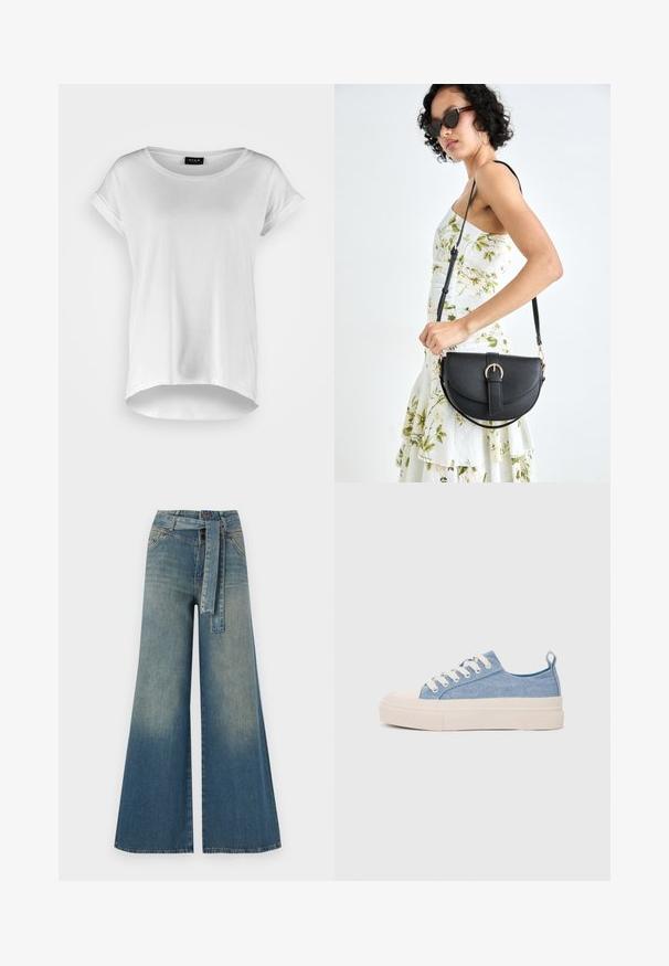 White short-sleeve T-shirt with a rounded neckline, slightly longer back hem, soft cotton fabric, and rolled sleeves. No visible prints.; Wide-leg denim trousers featuring a light to dark blue gradient, high waist, belt loops, and a matching fabric belt. Textured denim finish.; Light blue canvas sneakers with a cream rubber toe cap and outsole, featuring white laces and a pull tab on the heel.; Black leather handbag with a curved shape, detachable strap, and gold hardware. The bag features a flap with a buckle detail.
