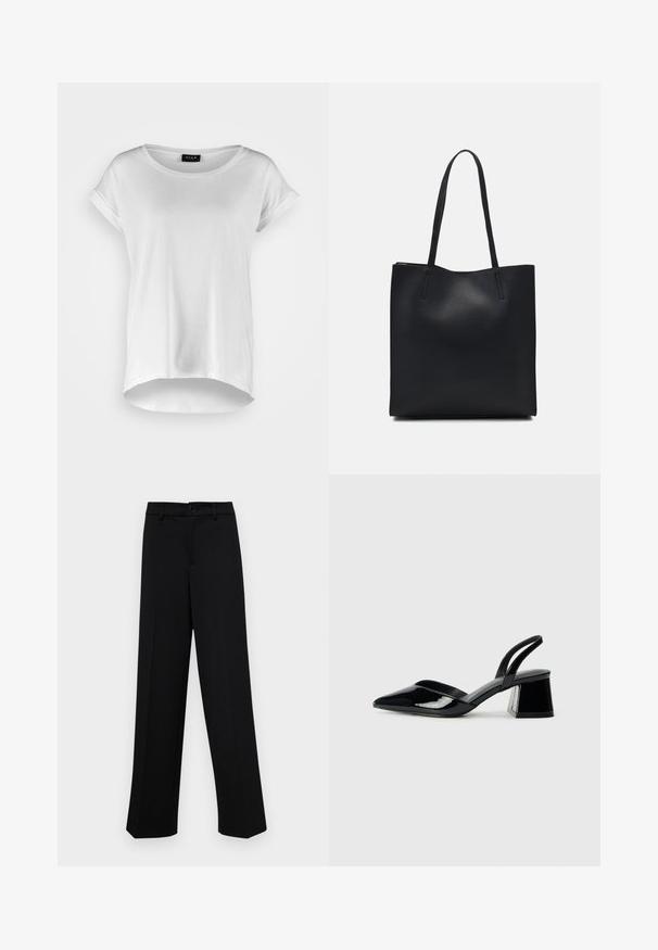 Fehér, rövid ujjú póló, kerek nyakkal, kissé hosszabb hátsó szegéllyel, puha pamut anyagból és felhajtott ujjakkal. Nincs látható minta.; Fekete, széles szárú nadrág sima anyagból, klasszikus derékrésszel, gombzárral és elülső redőkkel.; Fekete lakk bőr szandálkés magas sarkú cipő, hegyes orral és geometrikus tömbsarkakkal. Karcsú, minimalista dizájn és sima textúra jellemzi.; Fekete bőrtáska sima felszínnel, téglalap alakú, két hosszú füllel. Nincs látható fémkiegészítő vagy díszítés.