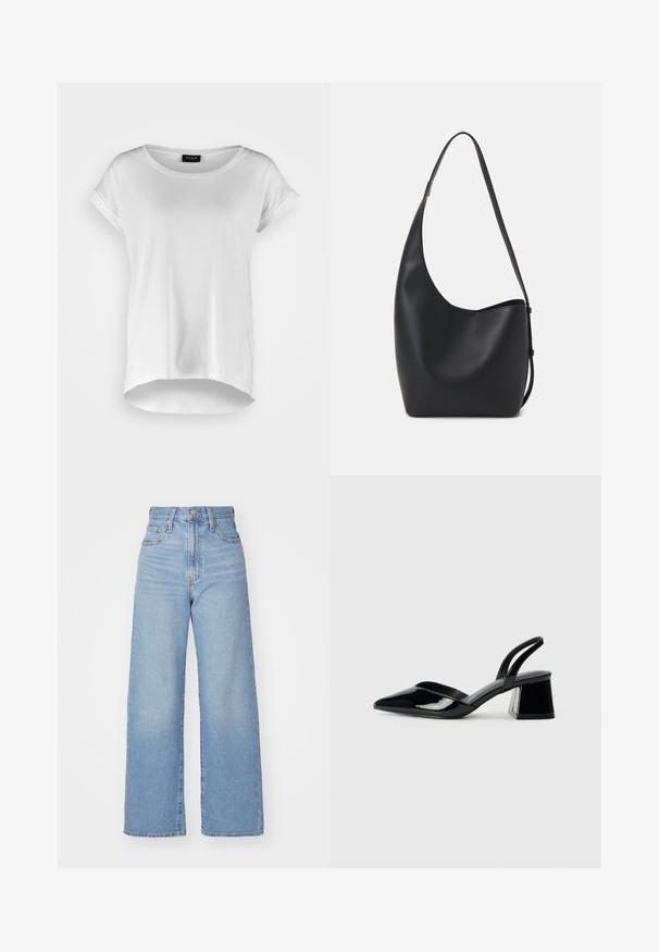 T-shirt branco de manga curta com gola redonda, bainha traseira ligeiramente mais longa, tecido de algodão suave e mangas enroladas. Sem impressões visíveis.; Jeans de cintura alta e perna larga em azul claro, com fecho frontal de botão e zíper, bolsos frontais e traseiros, sobre um fundo branco.; Sandy em verniz preto com salto slingback, ponta afilada e salto geométrico. Apresenta um design elegante e minimalista com textura suave.; Saco hobo preto em pele com uma textura lisa, forma curva e uma única alça ajustável; apresenta uma abertura larga na parte de cima.