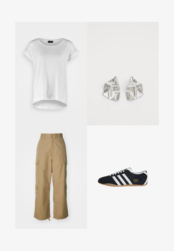 Hvid kortærmet T-shirt med rund halsudskæring, lidt længere bagkant, blødt bomuldsstof og oprullede ærmer. Ingen synlige tryk.; Beige cargo bukser med høj talje, brede ben og fire store sidelommer. Fremstillet af slidstærkt stof med en glat tekstur og minimal detaljering.; Sort ruskinds sneaker med hvide tre striber, guldlogo og en brun gummisål. Har et lavprofil snørebåndsdesign.; Sølvmetal øreringe med et bølgende, skulpturelt design, der har en poleret overflade og uregelmæssige former, hvilket fremhæver en moderne æstetik.