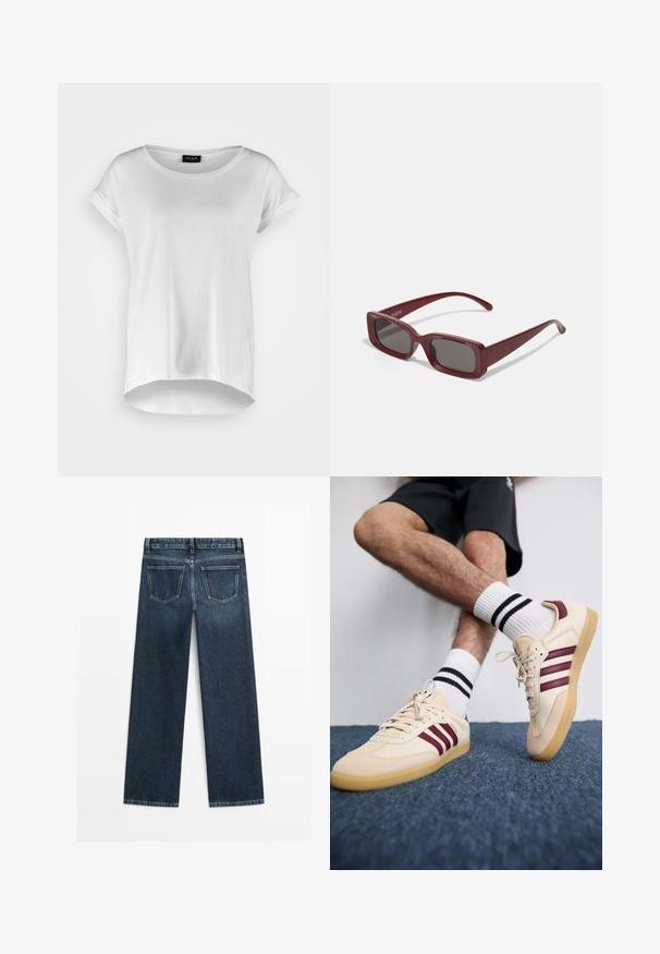 Weißes kurzärmliges T-Shirt mit rundem Ausschnitt, leicht längerem Saum hinten, weichem Baumwollstoff und aufgerollten Ärmeln. Keine sichtbaren Aufdrucke.; Dunkelblaue Jeans im geraden Schnitt, mit zwei Gesäßtaschen und sichtbaren Nähten entlang der Nähte und Säume.; Beige Sneakers mit maronenfarbenen Streifen, strukturiertem Obermaterial und Gummisohle, kombiniert mit gerippten weißen Socken mit schwarzen Streifen.; Burgunderfarbene rechteckige Sonnenbrille mit dunklen Gläsern, dicken Fassungen und schmal zulaufenden Bügeln. Hergestellt aus glänzendem Kunststoff mit glatter Textur.; Silberne Metallohrringe mit einem wellenförmigen, skulpturalen Design, das eine polierte Oberfläche und unregelmäßige Formen aufweist, die eine zeitgenössische Ästhetik betonen.