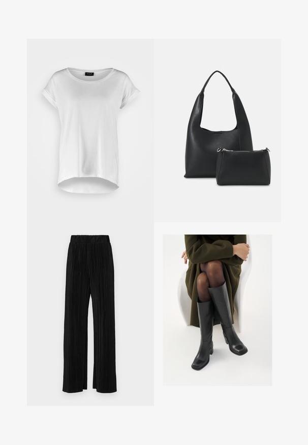 Hvid kortærmet T-shirt med rund halsudskæring, lidt længere bagkant, blødt bomuldsstof og oprullede ærmer. Ingen synlige tryk.; Sorte plisserede bukser med elastisk talje. Har brede ben og et glat, tekstureret stof med lodrette striber.; Knæhøje sorte læder støvler med firkantet tå og blokhæl, vist med en model siddende i en olivengrøn frakke. Glat tekstur, minimal detaljer.; Even&Odd Håndtasker - black