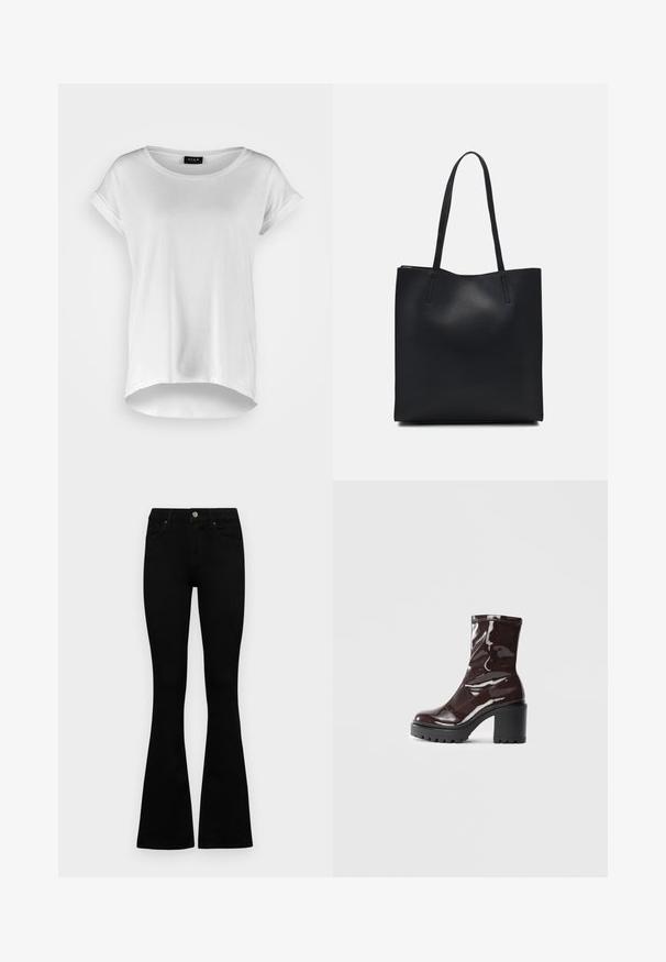 T-shirt branco de manga curta com gola redonda, bainha traseira ligeiramente mais longa, tecido de algodão suave e mangas enroladas. Sem impressões visíveis.; Jeans pretos de cintura alta com fecho de botão e zíper, bolsos frontais e pernas largas dispostos em cima de um fundo branco.; Bota de tornozelo burgundy brilhante com um salto preto robusto, apresentando uma textura suave e um design simples. Sem fechos ou padrões visíveis.; Bolsa tote preta em couro com textura lisa, forma retangular e duas alças longas. Sem hardware ou enfeites visíveis.