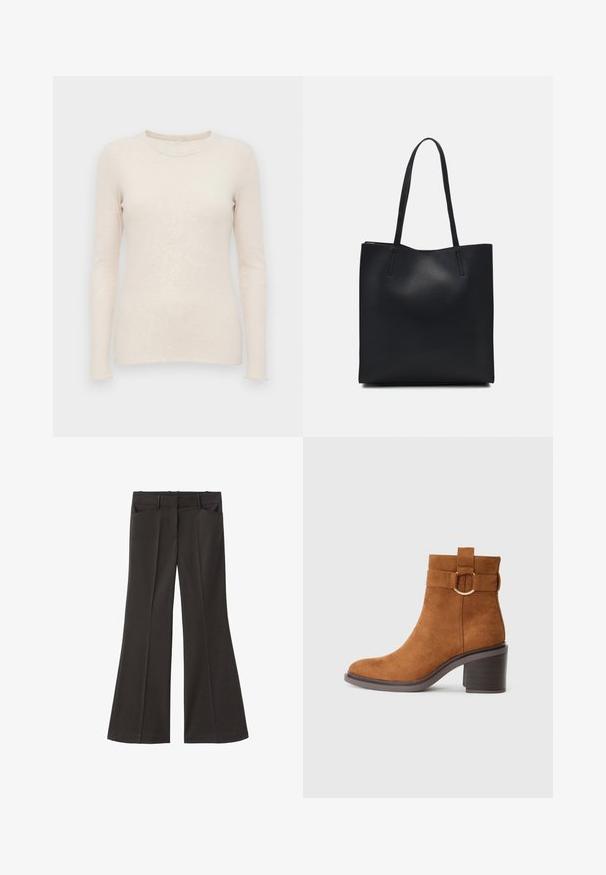 Helles beige Sweatshirt mit langen Ärmeln, gerippter Textur, Rundhalsausschnitt und tailliertem Schnitt. Weicher Stoff und nahtlose Bündchen.; Schwarze, weit geschnittene Hosen mit hoher Taille; verfügt über zwei Fronttaschen und eine glatte Stoffoberfläche. Geeignet für verschiedene Anlässe.; Braune Wildleder-Ankle-Boots mit abgerundetem Zehenbereich, Blockabsatz und einem dekorativen Riemen mit einer runden Schnallendetail.; Schwarze Laptoptasche aus Leder mit glatter Textur, rechteckiger Form und zwei langen Griffen. Keine sichtbaren Beschläge oder Verzierungen.